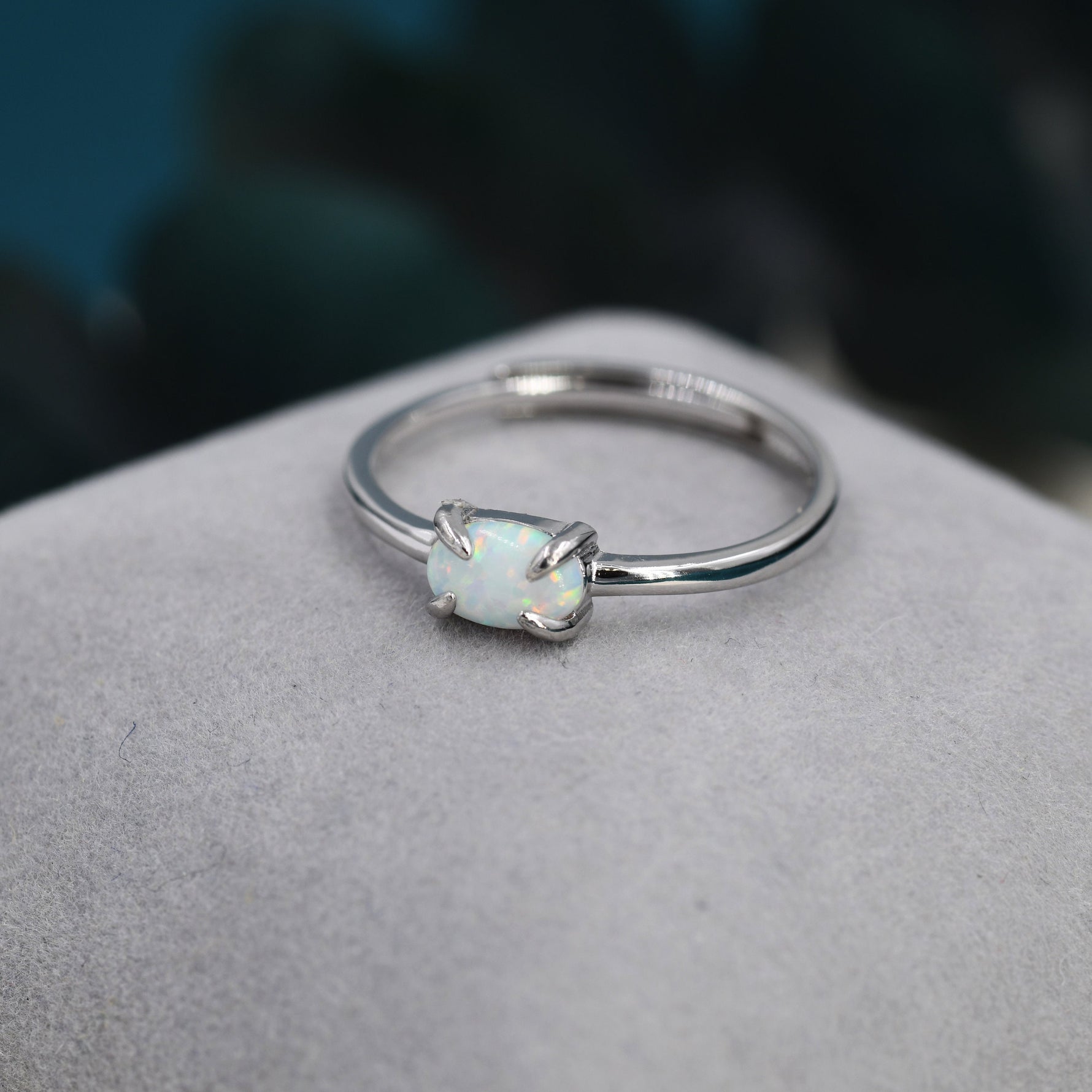 Clawed Fire Opal Oval Ring in Sterling Silver, Adjustable Size Opal Ring, Prong Set, Lab Opal Stone Ring, Opal Ring, Delicate Stacking Ring