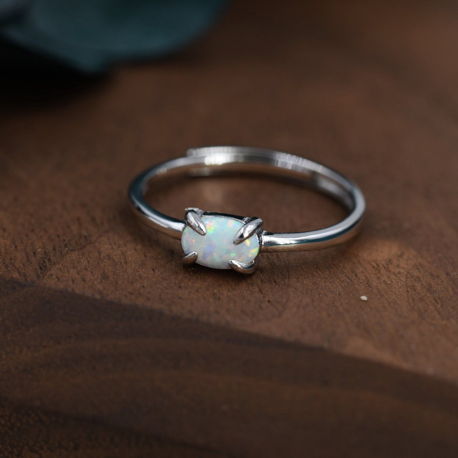 Clawed Fire Opal Oval Ring in Sterling Silver, Adjustable Size Opal Ring, Prong Set, Lab Opal Stone Ring, Opal Ring, Delicate Stacking Ring