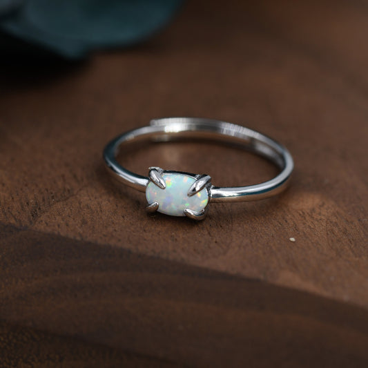 Clawed Fire Opal Oval Ring in Sterling Silver, Adjustable Size Opal Ring, Prong Set, Lab Opal Stone Ring, Opal Ring, Delicate Stacking Ring