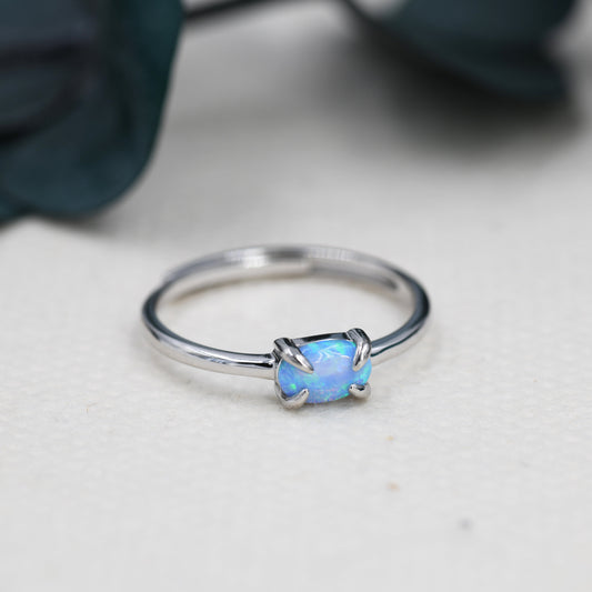 Clawed Blue Opal Oval Ring in Sterling Silver, Adjustable Size Opal Ring, Prong Set, Lab Opal Stone Ring, Opal Ring, Delicate Stacking Ring