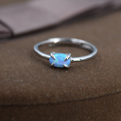 Clawed Blue Opal Oval Ring in Sterling Silver, Adjustable Size Opal Ring, Prong Set, Lab Opal Stone Ring, Opal Ring, Delicate Stacking Ring