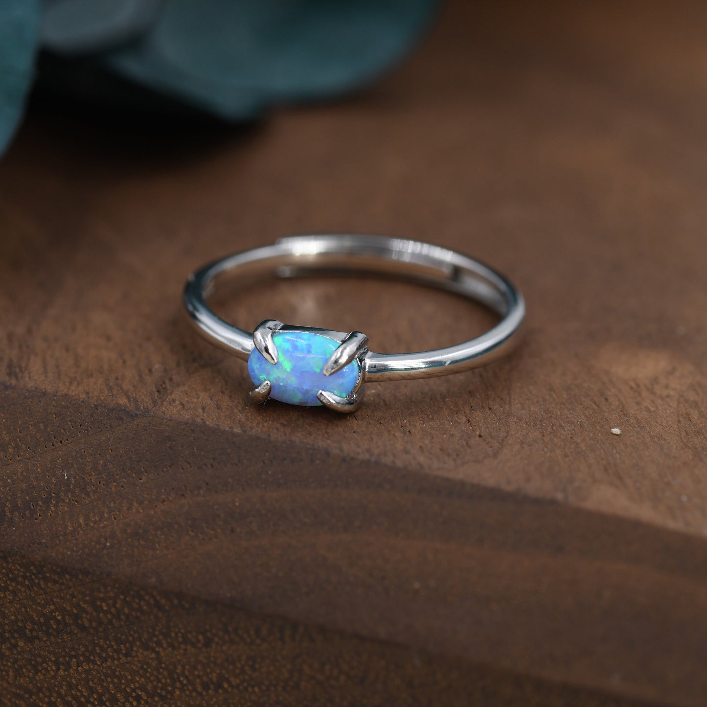 Clawed Blue Opal Oval Ring in Sterling Silver, Adjustable Size Opal Ring, Prong Set, Lab Opal Stone Ring, Opal Ring, Delicate Stacking Ring