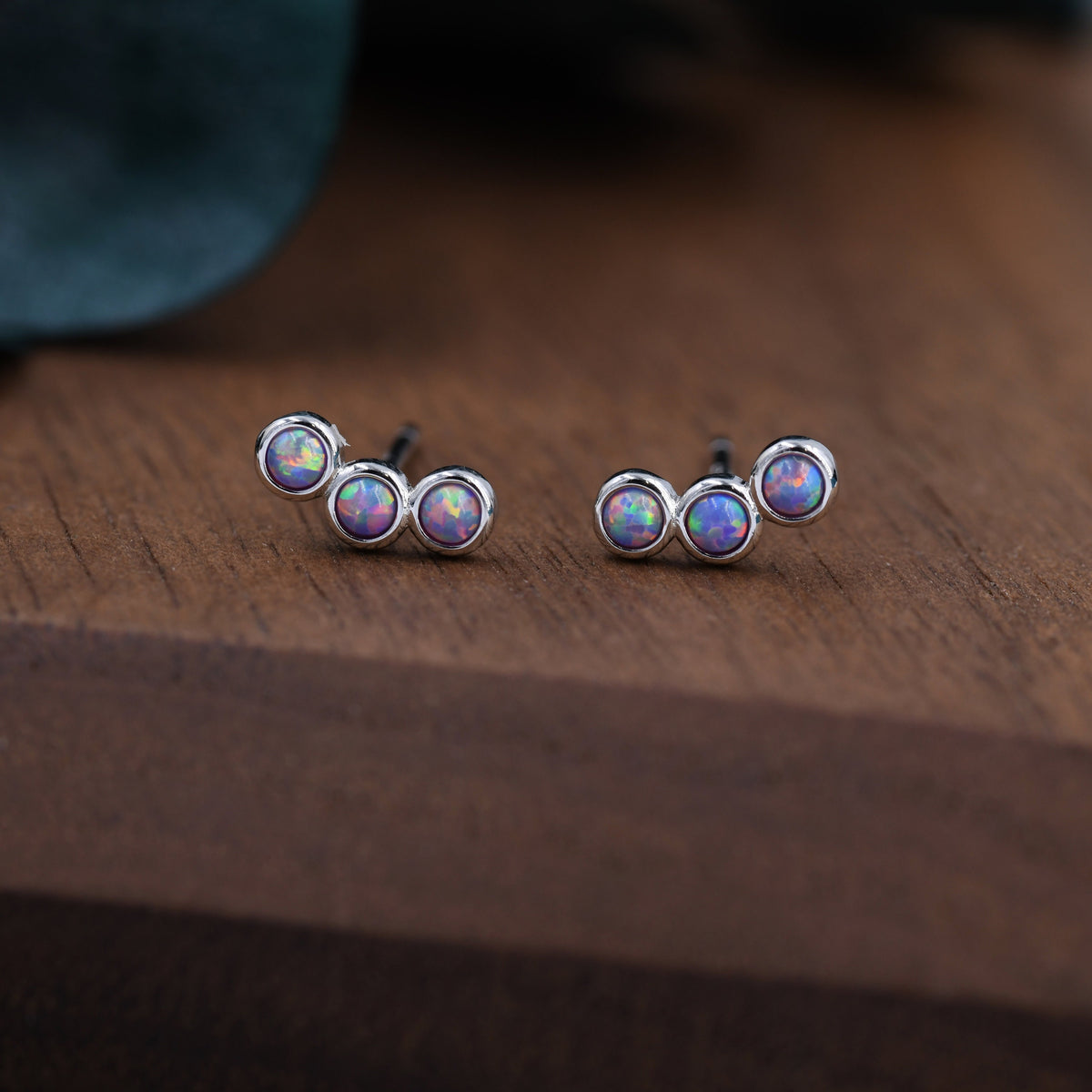 Tiny Purple Opal Trio Stud Earrings in Sterling Silver, Silver or Gold, Curved Bar Three Opal Earrings, Opal Stud, Small Opal Earrings