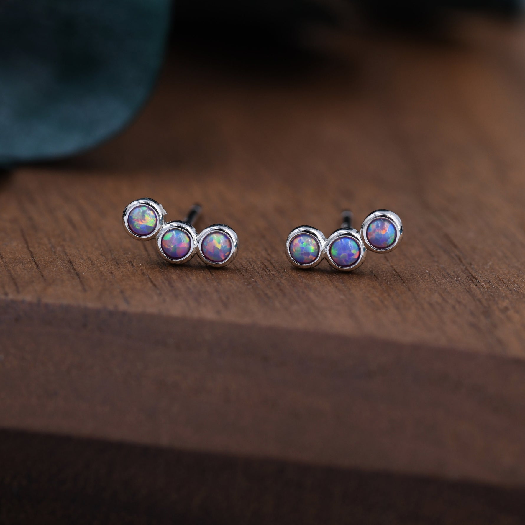Tiny Purple Opal Trio Stud Earrings in Sterling Silver, Silver or Gold, Curved Bar Three Opal Earrings, Opal Stud, Small Opal Earrings