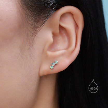 Tiny Blue Opal Trio Stud Earrings in Sterling Silver, Silver or Gold, Curved Bar Three Opal Earrings, Opal Stud, Small Opal Earrings