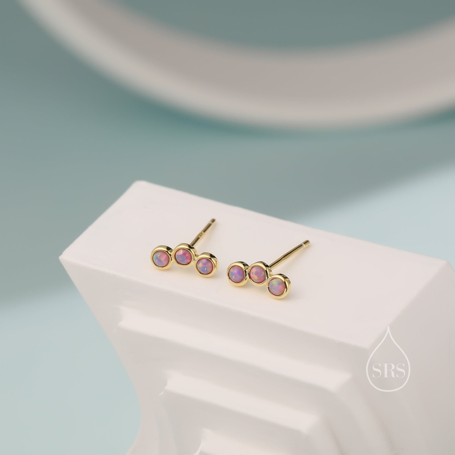 Tiny Purple Opal Trio Stud Earrings in Sterling Silver, Silver or Gold, Curved Bar Three Opal Earrings, Opal Stud, Small Opal Earrings
