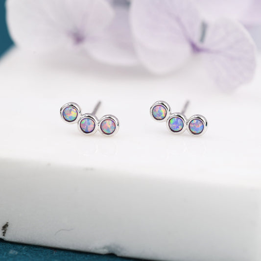 Tiny Purple Opal Trio Stud Earrings in Sterling Silver, Silver or Gold, Curved Bar Three Opal Earrings, Opal Stud, Small Opal Earrings