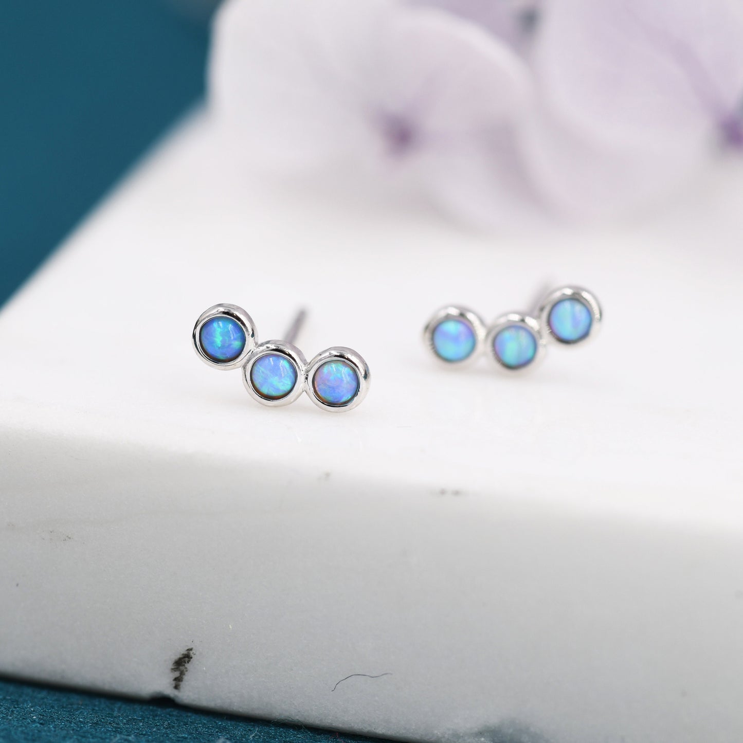 Tiny Blue Opal Trio Stud Earrings in Sterling Silver, Silver or Gold, Curved Bar Three Opal Earrings, Opal Stud, Small Opal Earrings