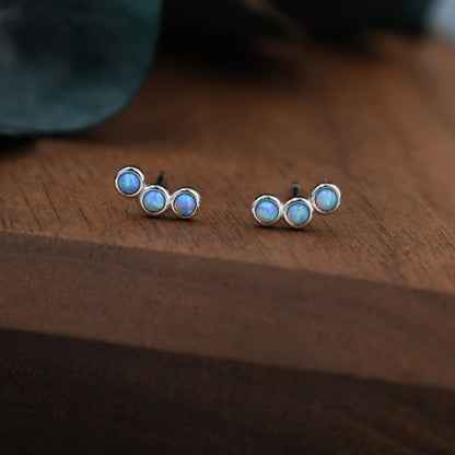 Tiny Blue Opal Trio Stud Earrings in Sterling Silver, Silver or Gold, Curved Bar Three Opal Earrings, Opal Stud, Small Opal Earrings