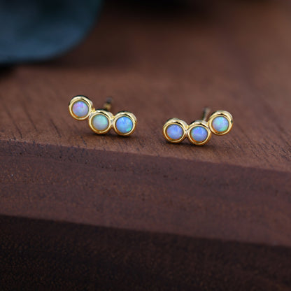 Tiny Blue Opal Trio Stud Earrings in Sterling Silver, Silver or Gold, Curved Bar Three Opal Earrings, Opal Stud, Small Opal Earrings