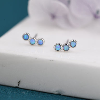 Tiny Blue Opal Trio Stud Earrings in Sterling Silver, Silver or Gold, Curved Bar Three Opal Earrings, Opal Stud, Small Opal Earrings