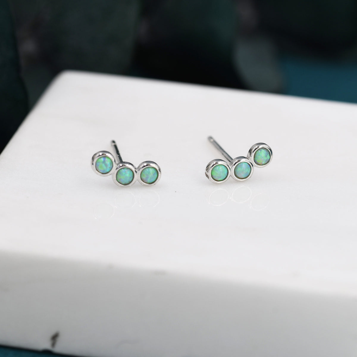 Tiny Green Opal Trio Stud Earrings in Sterling Silver, Silver or Gold, Curved Bar Three Opal Earrings, Opal Stud, Small Opal Earrings