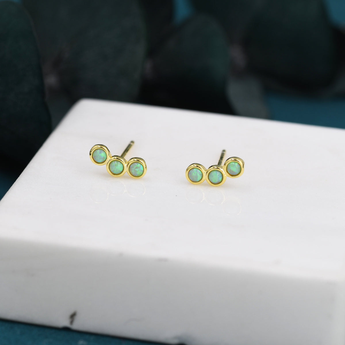 Tiny Green Opal Trio Stud Earrings in Sterling Silver, Silver or Gold, Curved Bar Three Opal Earrings, Opal Stud, Small Opal Earrings