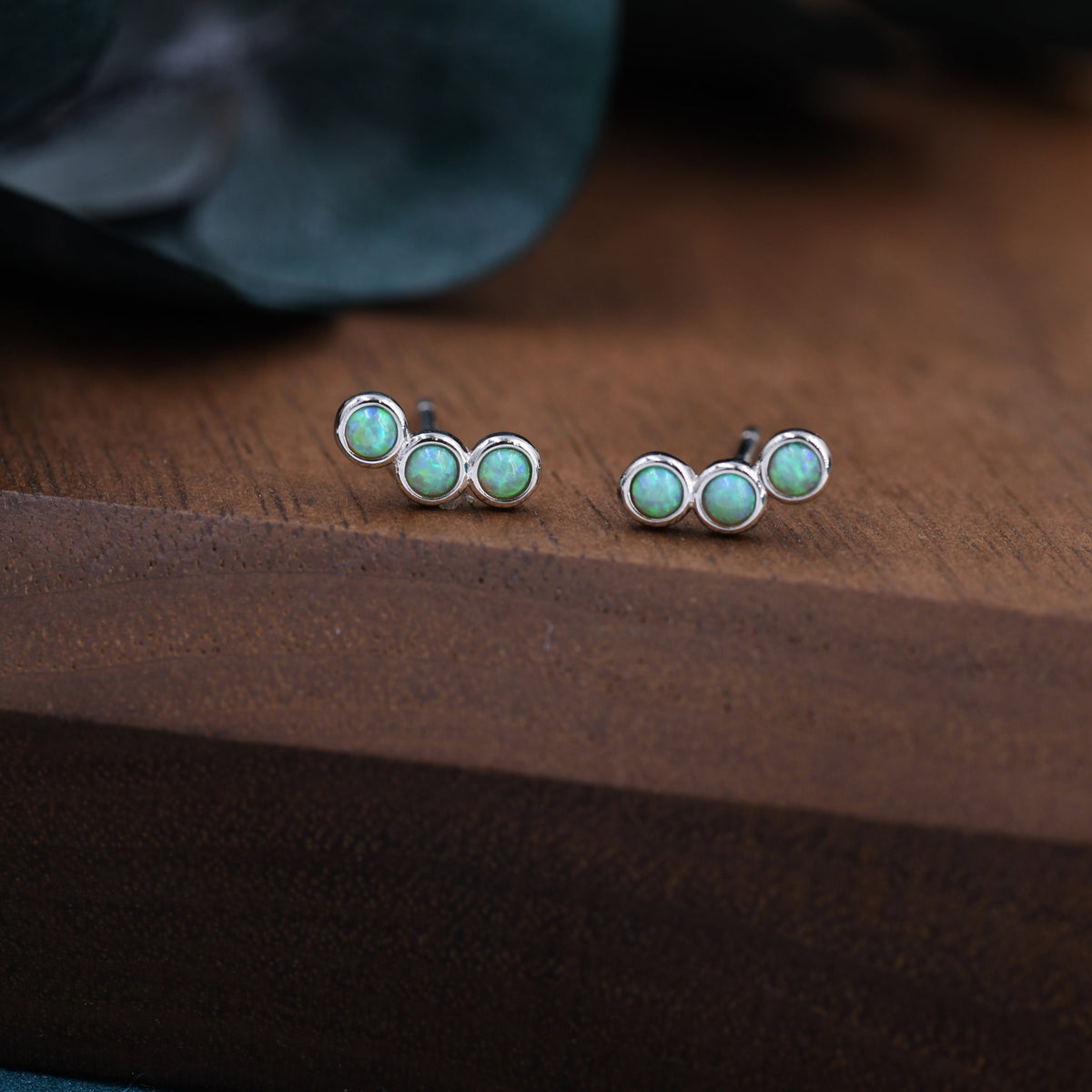 Tiny Green Opal Trio Stud Earrings in Sterling Silver, Silver or Gold, Curved Bar Three Opal Earrings, Opal Stud, Small Opal Earrings