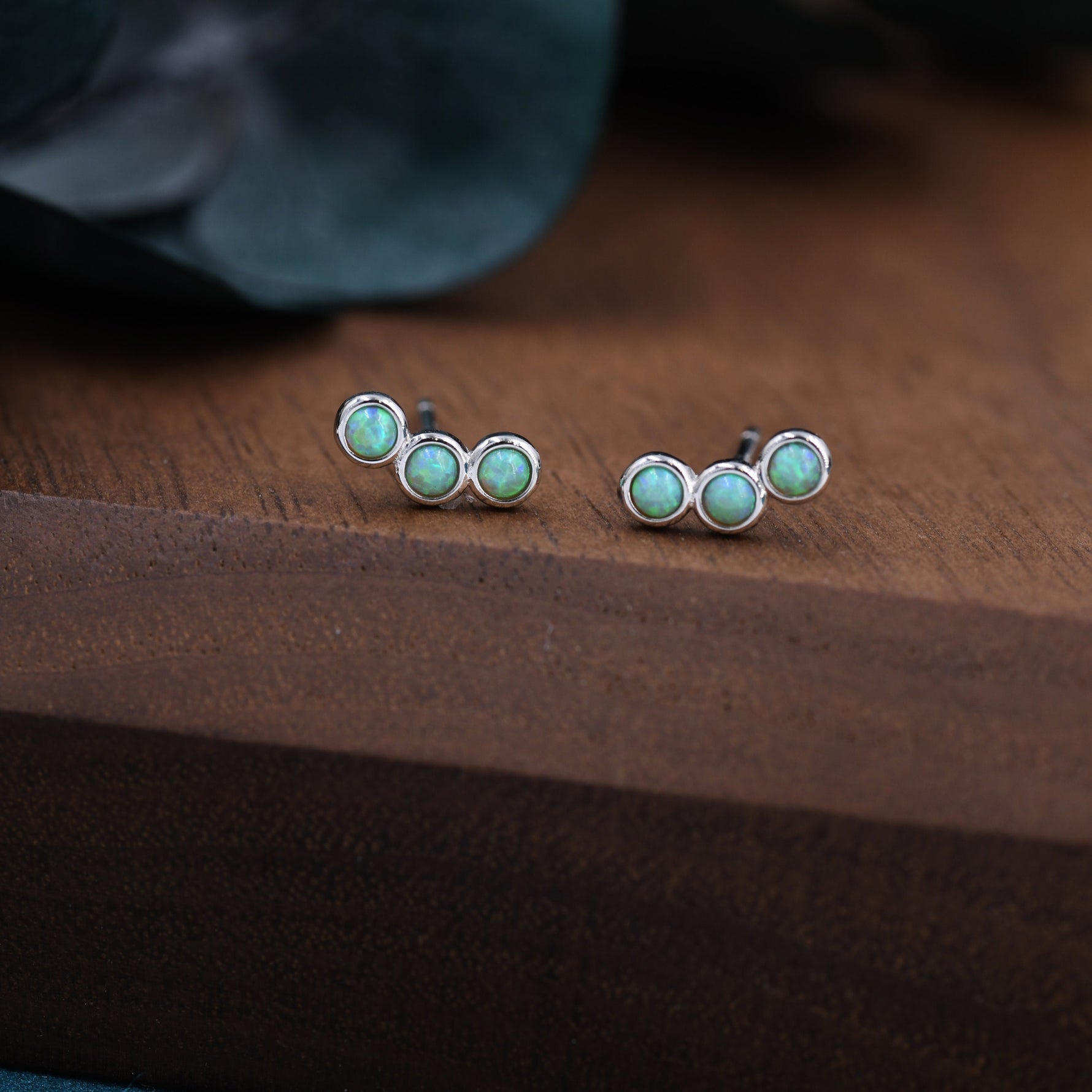 Tiny Green Opal Trio Stud Earrings in Sterling Silver, Silver or Gold, Curved Bar Three Opal Earrings, Opal Stud, Small Opal Earrings