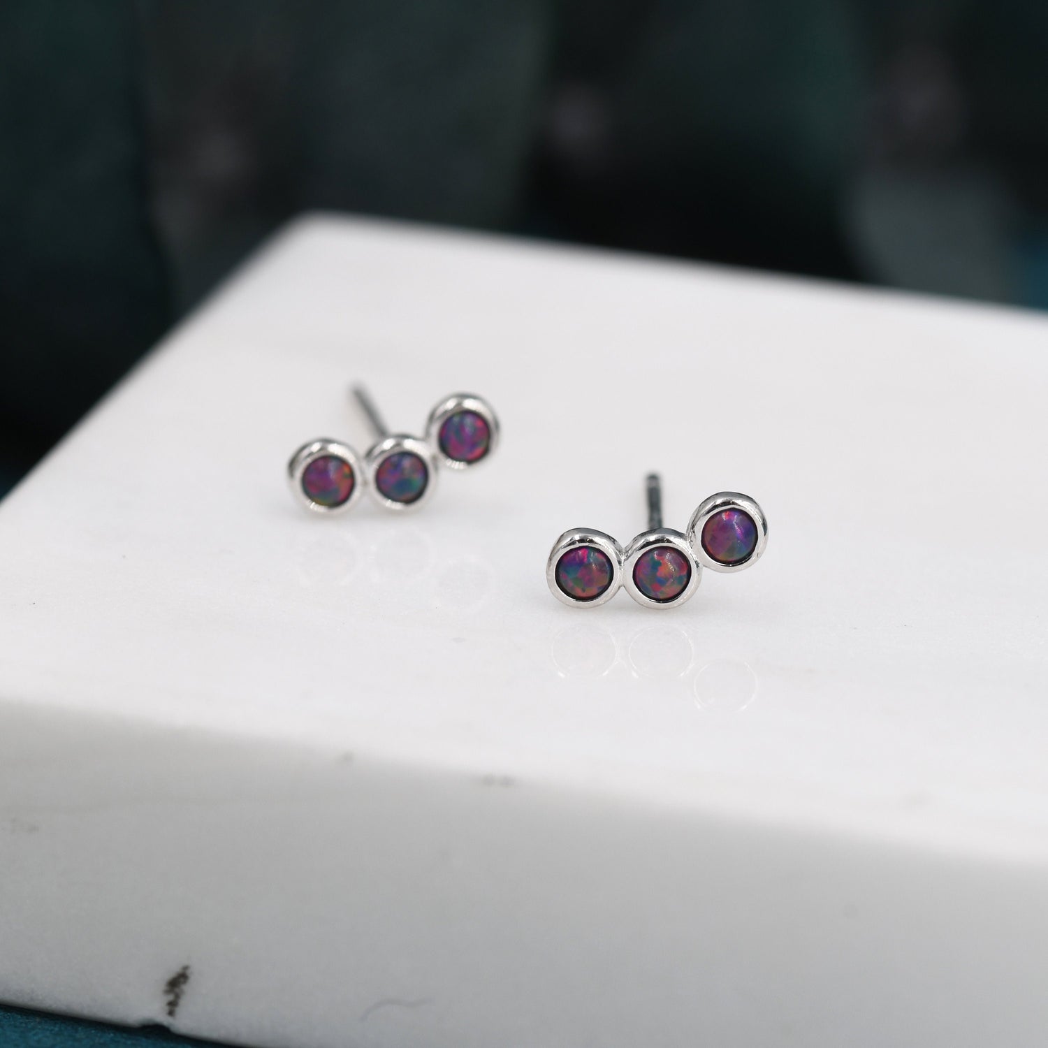 Tiny Black Opal Trio Stud Earrings in Sterling Silver, Silver or Gold, Curved Bar Three Opal Earrings, Opal Stud, Small Opal Earrings