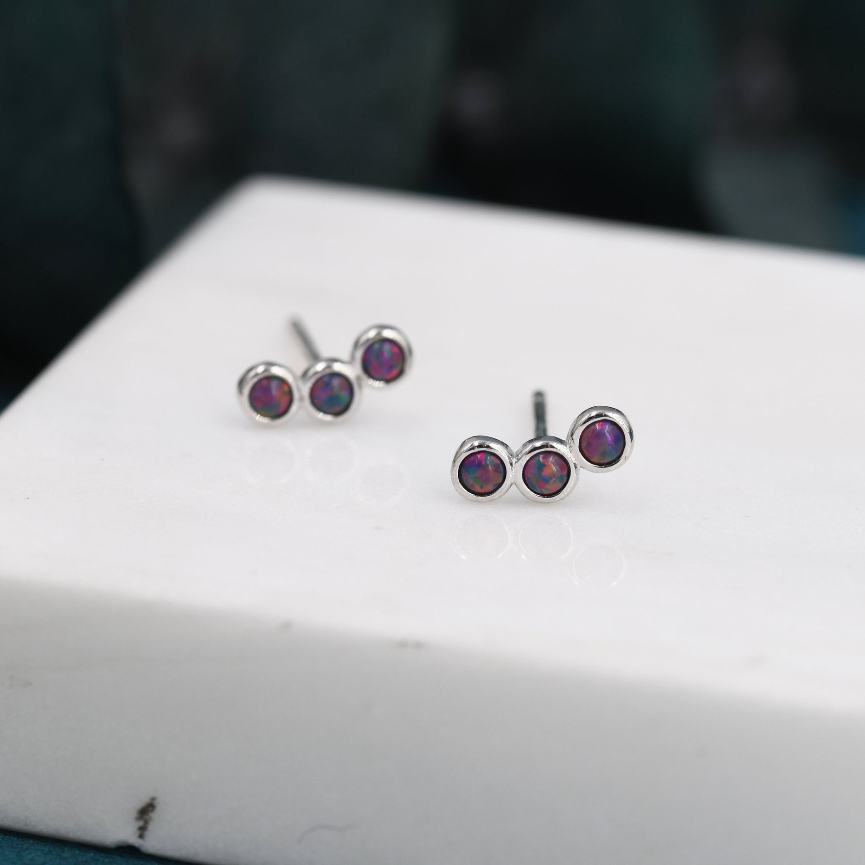 Tiny Black Opal Trio Stud Earrings in Sterling Silver, Silver or Gold, Curved Bar Three Opal Earrings, Opal Stud, Small Opal Earrings