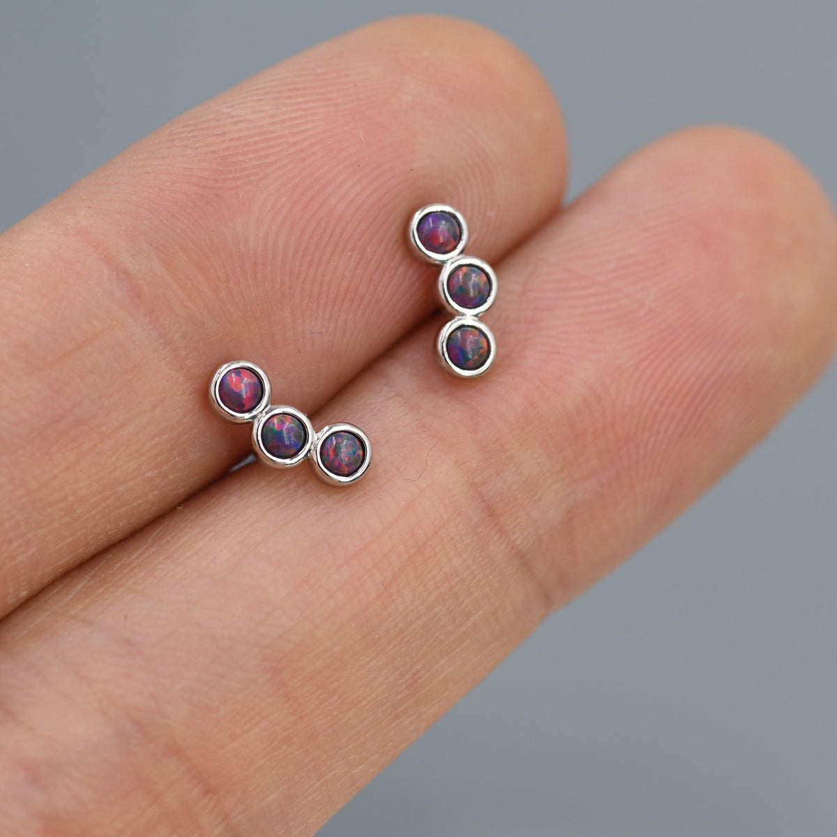 Tiny Black Opal Trio Stud Earrings in Sterling Silver, Silver or Gold, Curved Bar Three Opal Earrings, Opal Stud, Small Opal Earrings