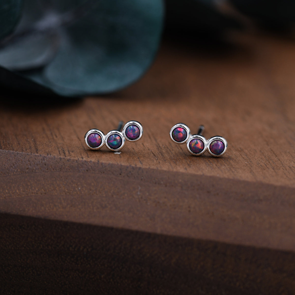 Tiny Black Opal Trio Stud Earrings in Sterling Silver, Silver or Gold, Curved Bar Three Opal Earrings, Opal Stud, Small Opal Earrings