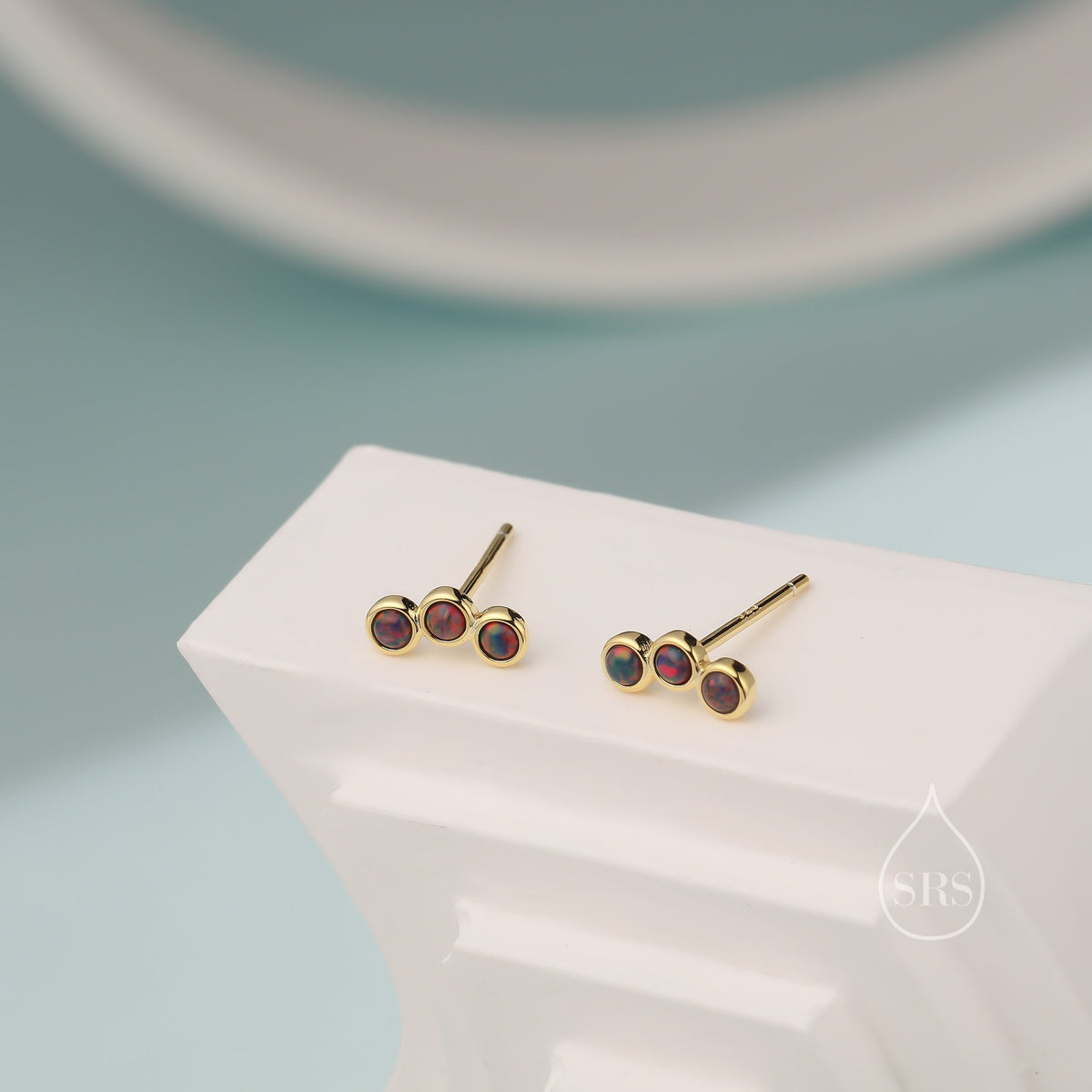 Tiny Black Opal Trio Stud Earrings in Sterling Silver, Silver or Gold, Curved Bar Three Opal Earrings, Opal Stud, Small Opal Earrings