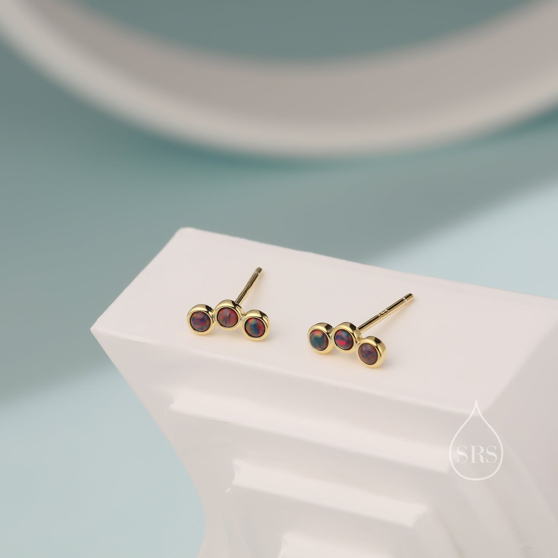 Tiny Black Opal Trio Stud Earrings in Sterling Silver, Silver or Gold, Curved Bar Three Opal Earrings, Opal Stud, Small Opal Earrings