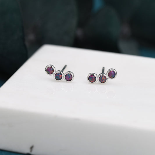 Tiny Black Opal Trio Stud Earrings in Sterling Silver, Silver or Gold, Curved Bar Three Opal Earrings, Opal Stud, Small Opal Earrings