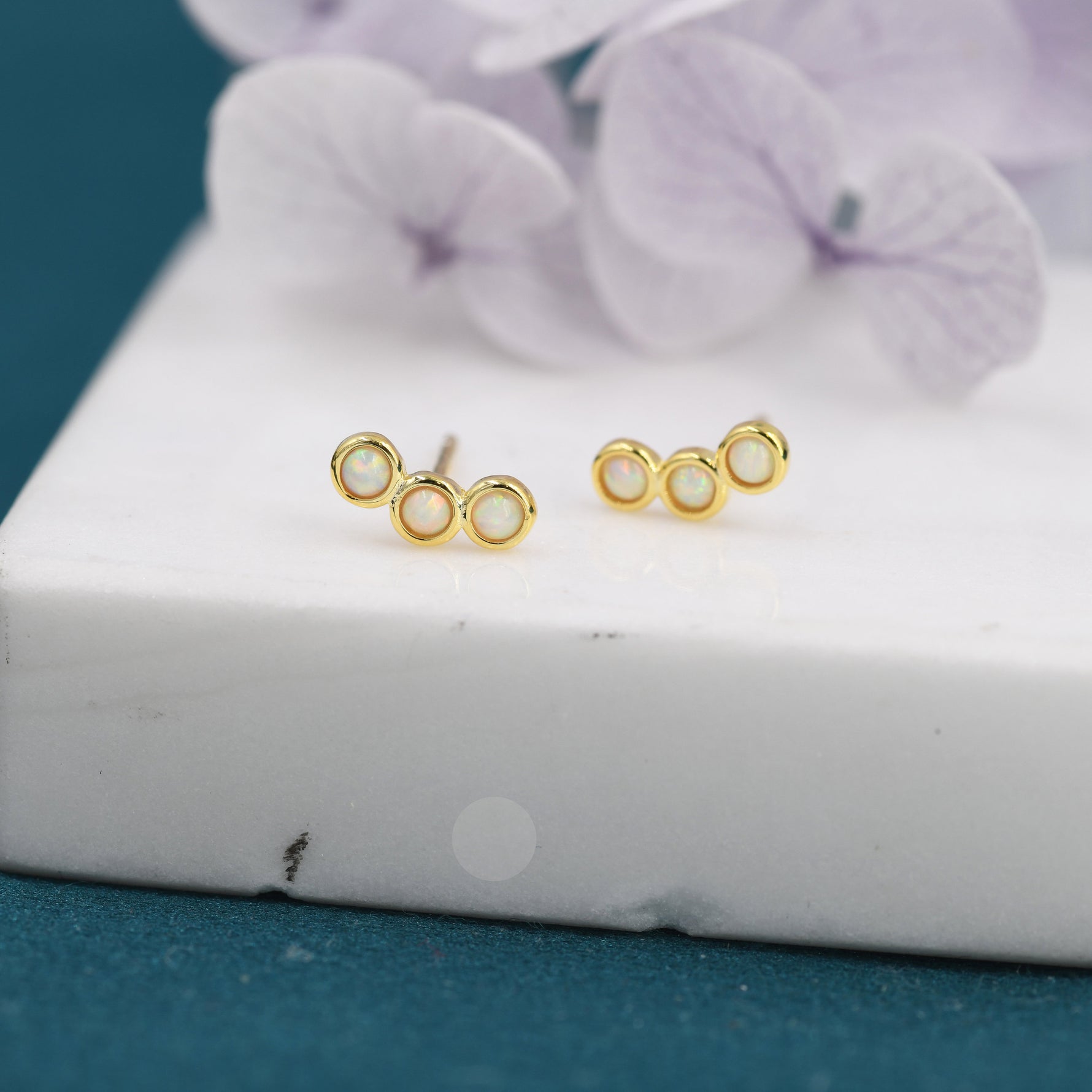 Tiny White Opal Trio Stud Earrings in Sterling Silver, Silver or Gold, Curved Bar Three Opal Earrings, Opal Stud, Small Opal Earrings