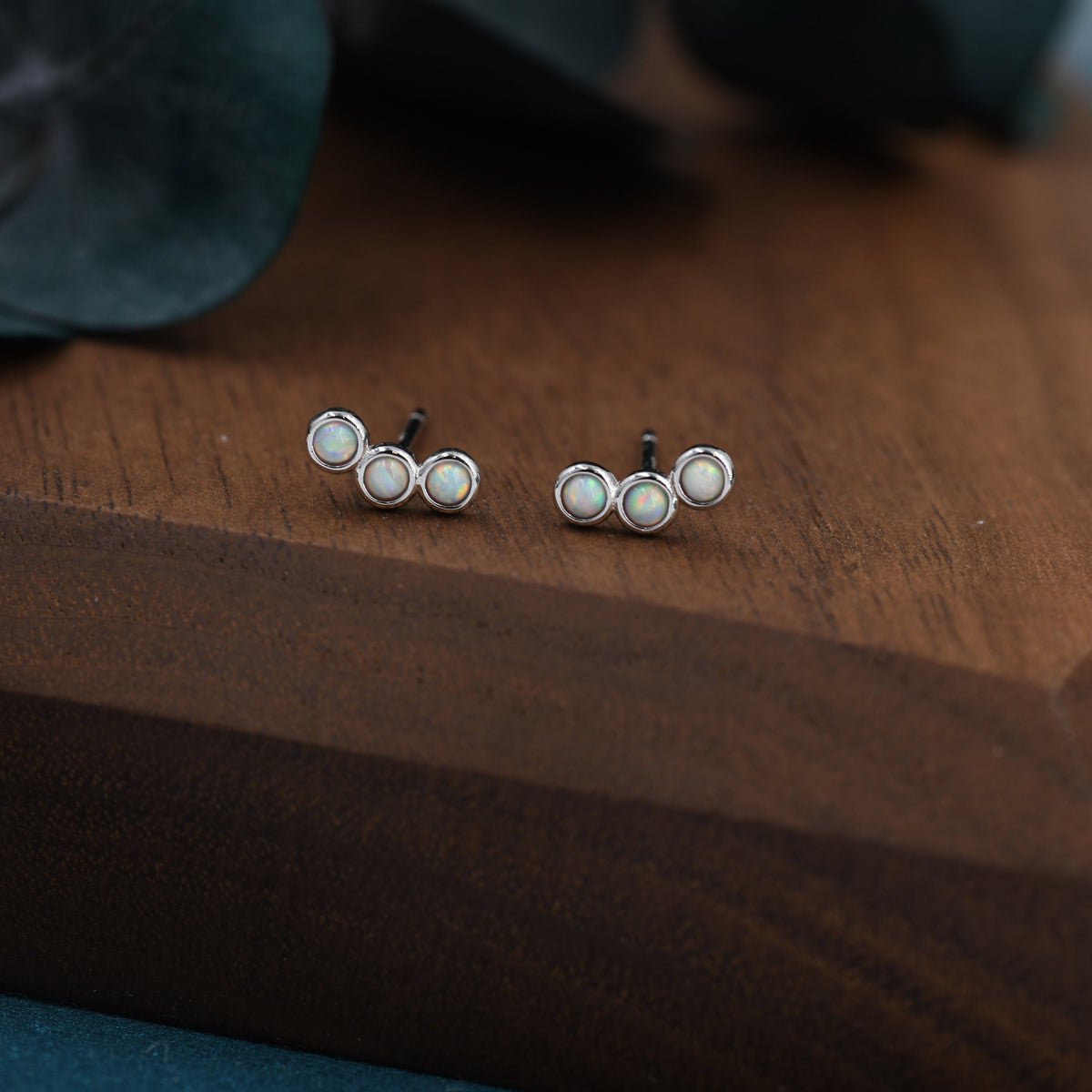 Tiny White Opal Trio Stud Earrings in Sterling Silver, Silver or Gold, Curved Bar Three Opal Earrings, Opal Stud, Small Opal Earrings