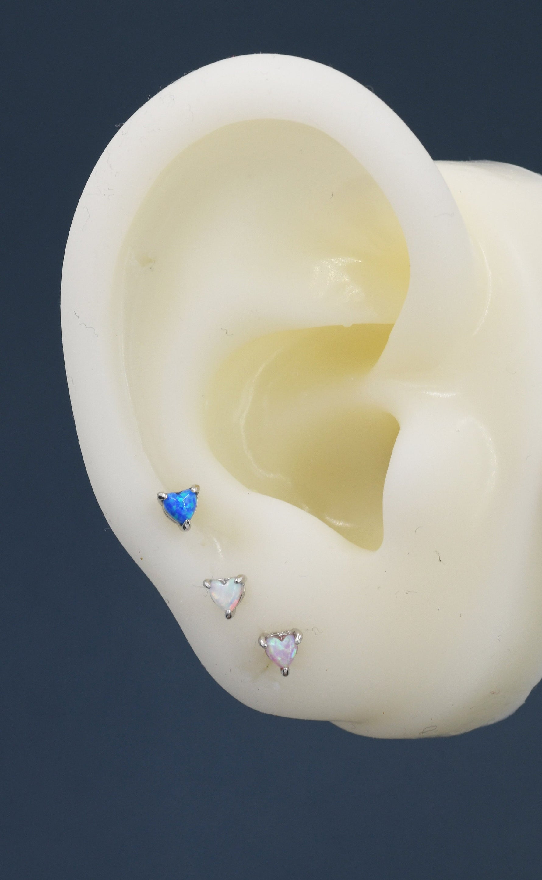 Extra Tiny Cosmic Blue Opal Heart Stud Earrings in Sterling Silver - 3mm Fire Opal - Sustainable Lab Opal - Petite Stud Earrings
