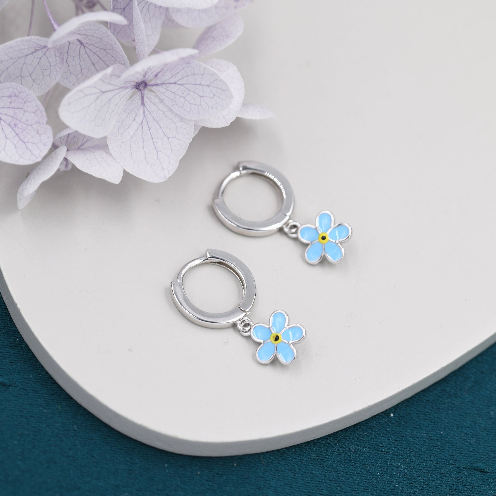 Sterling Silver Enamel Forget-me-not Flower Huggie Hoops, Dainty Dangle Forget Me Not Flower Earrings, Flower Hoops? Daisy Hoop Earrings