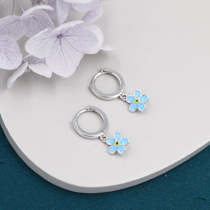 Sterling Silver Enamel Forget-me-not Flower Huggie Hoops, Dainty Dangle Forget Me Not Flower Earrings, Flower Hoops? Daisy Hoop Earrings