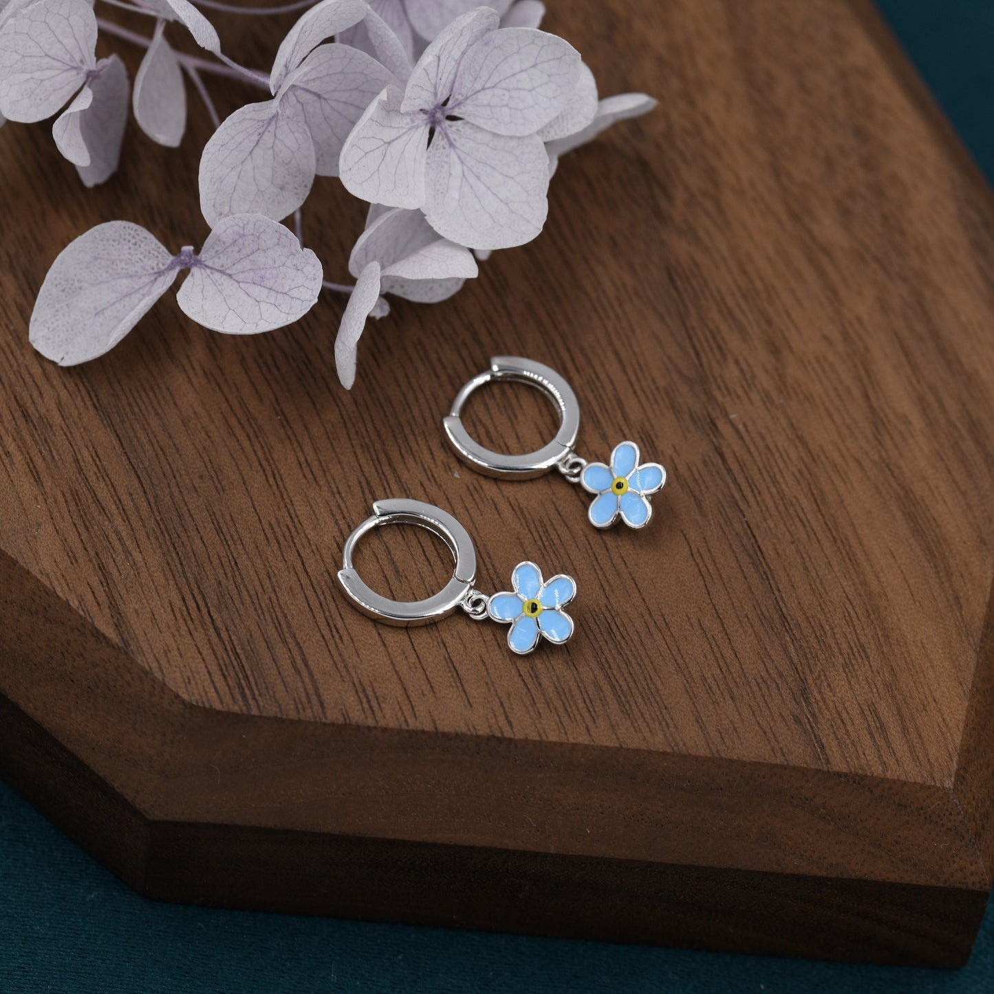 Sterling Silver Enamel Forget-me-not Flower Huggie Hoops, Dainty Dangle Forget Me Not Flower Earrings, Flower Hoops? Daisy Hoop Earrings
