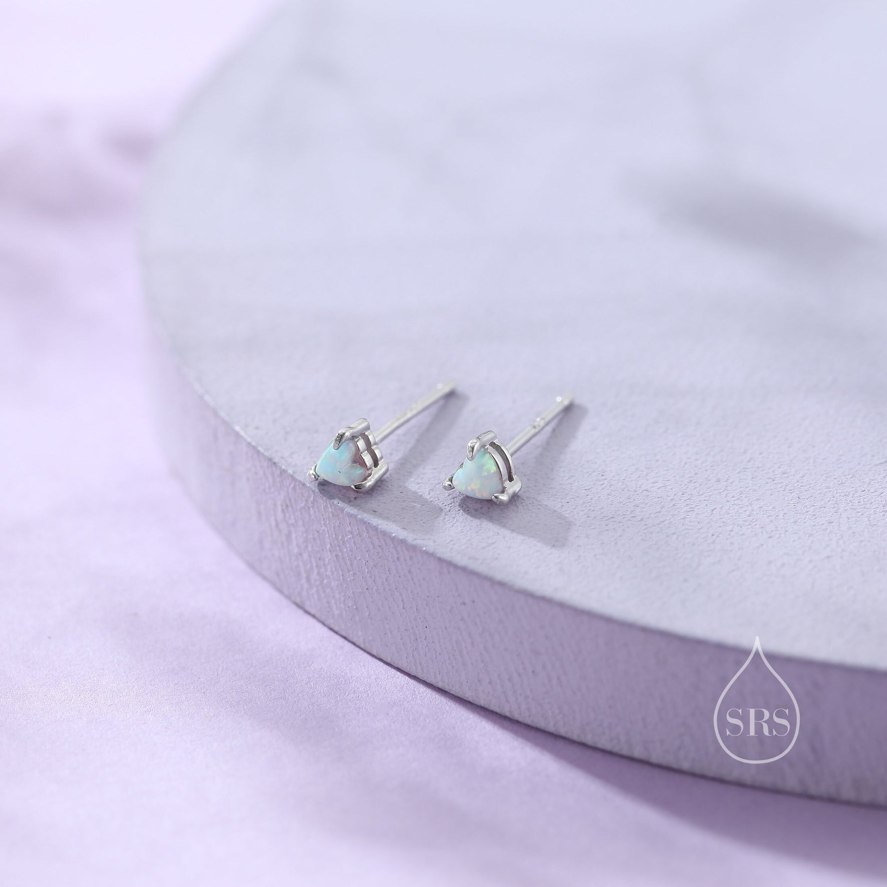 Extra Tiny White Opal Heart Stud Earrings in Sterling Silver - 3mm Fire Opal - Sustainable Lab Opal - Petite Stud Earrings