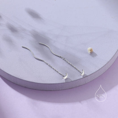 Sterling Silver Dainty Crescent Moon Threader Earrings, Silver or Gold, Swirl Ear Threader, Elegant and Pretty, Minimalist and Geometric