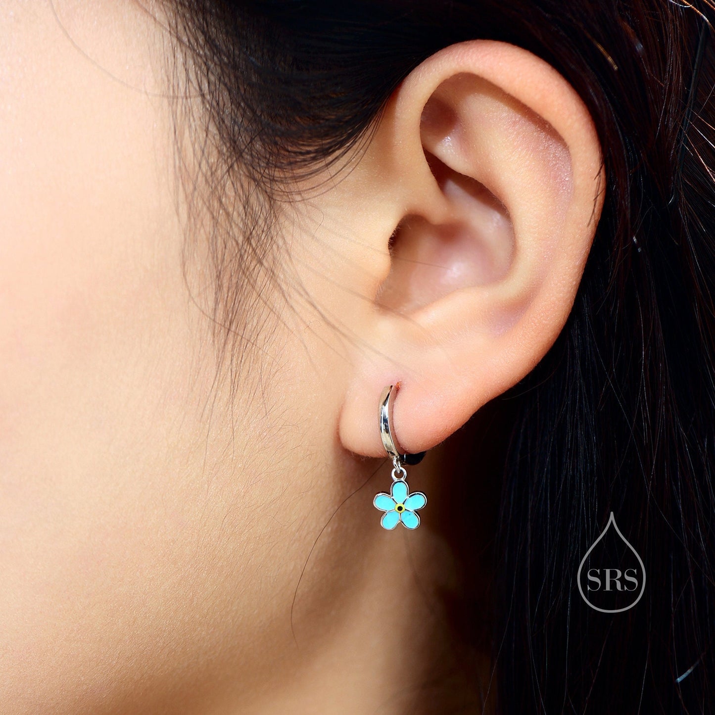 Sterling Silver Enamel Forget-me-not Flower Huggie Hoops, Dainty Dangle Forget Me Not Flower Earrings, Flower Hoops? Daisy Hoop Earrings
