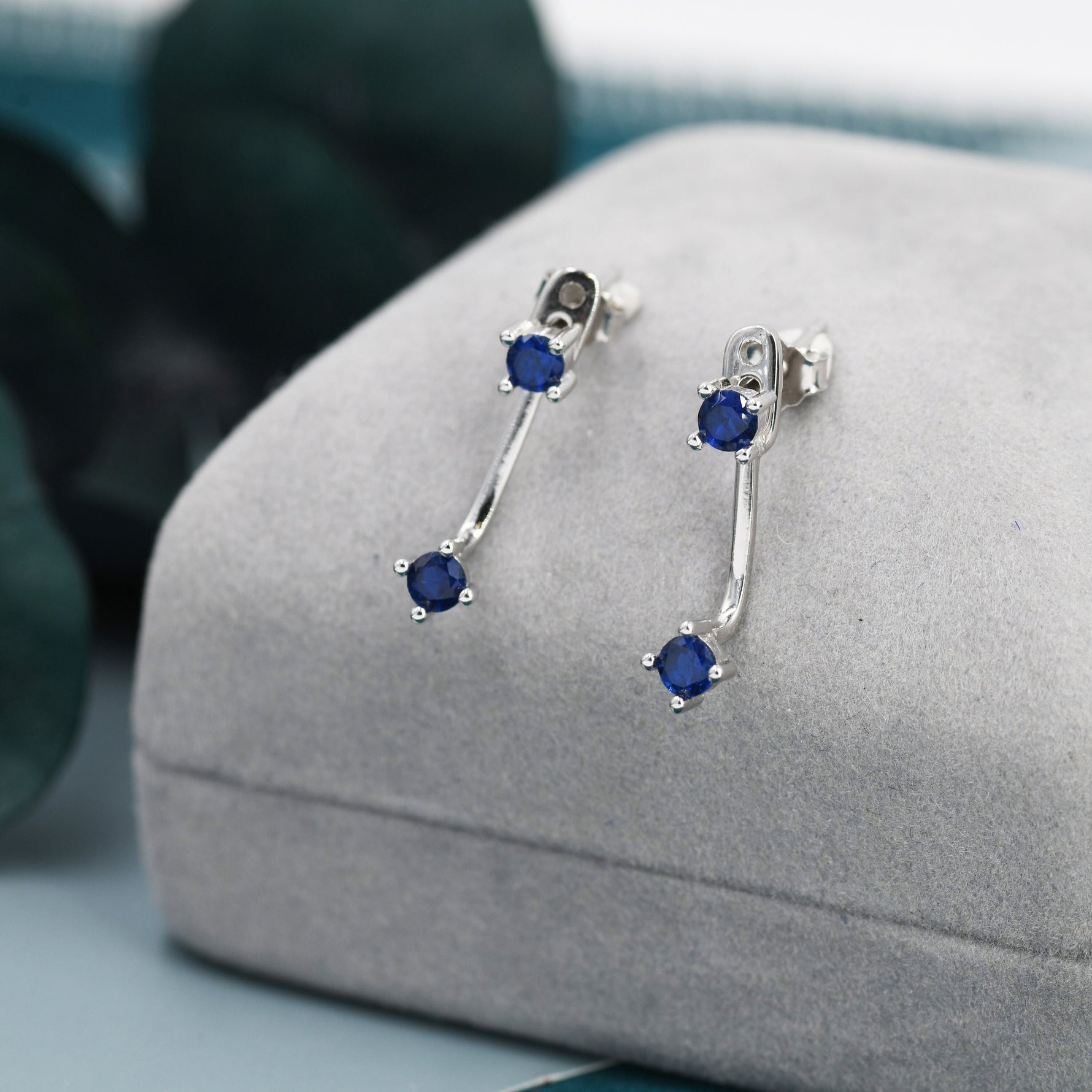 Double Sapphire Blue CZ Ear Jacket in Sterling Silver, Silver or Gold, Front and Back Earrings, Two Part Earrings