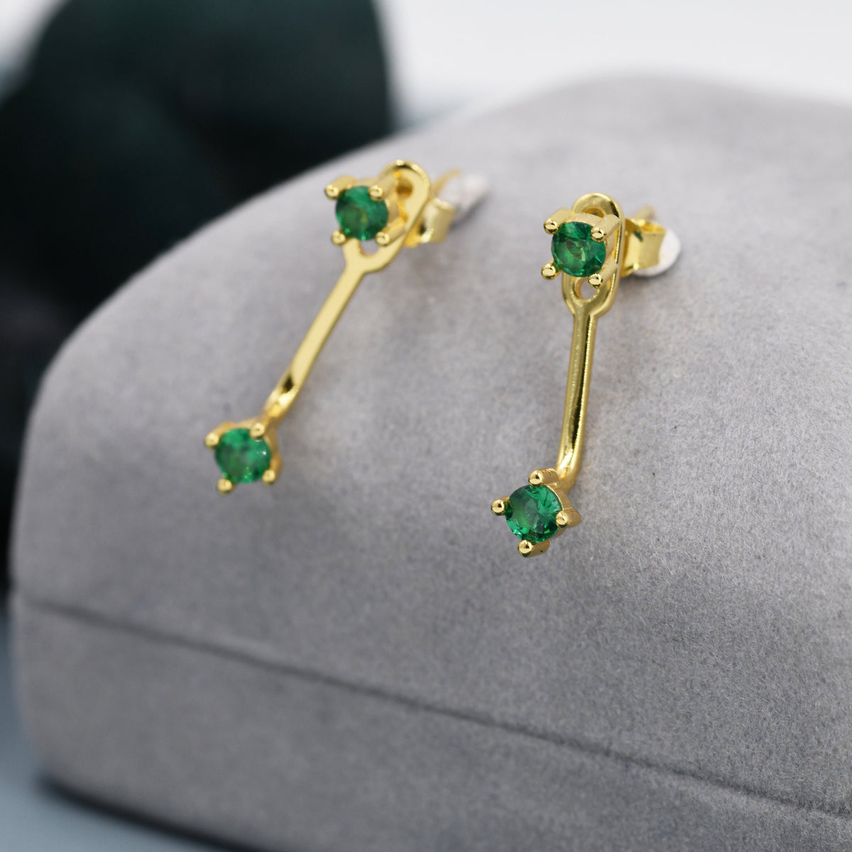 Double Emerald Green CZ Ear Jacket in Sterling Silver, Silver or Gold, Front and Back Earrings, Two Part Earrings