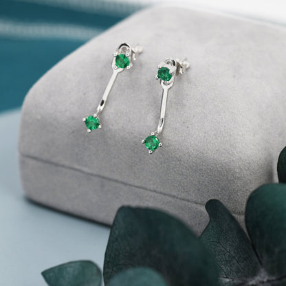 Double Emerald Green CZ Ear Jacket in Sterling Silver,  Silver or Gold, Front and Back Earrings, Two Part Earrings