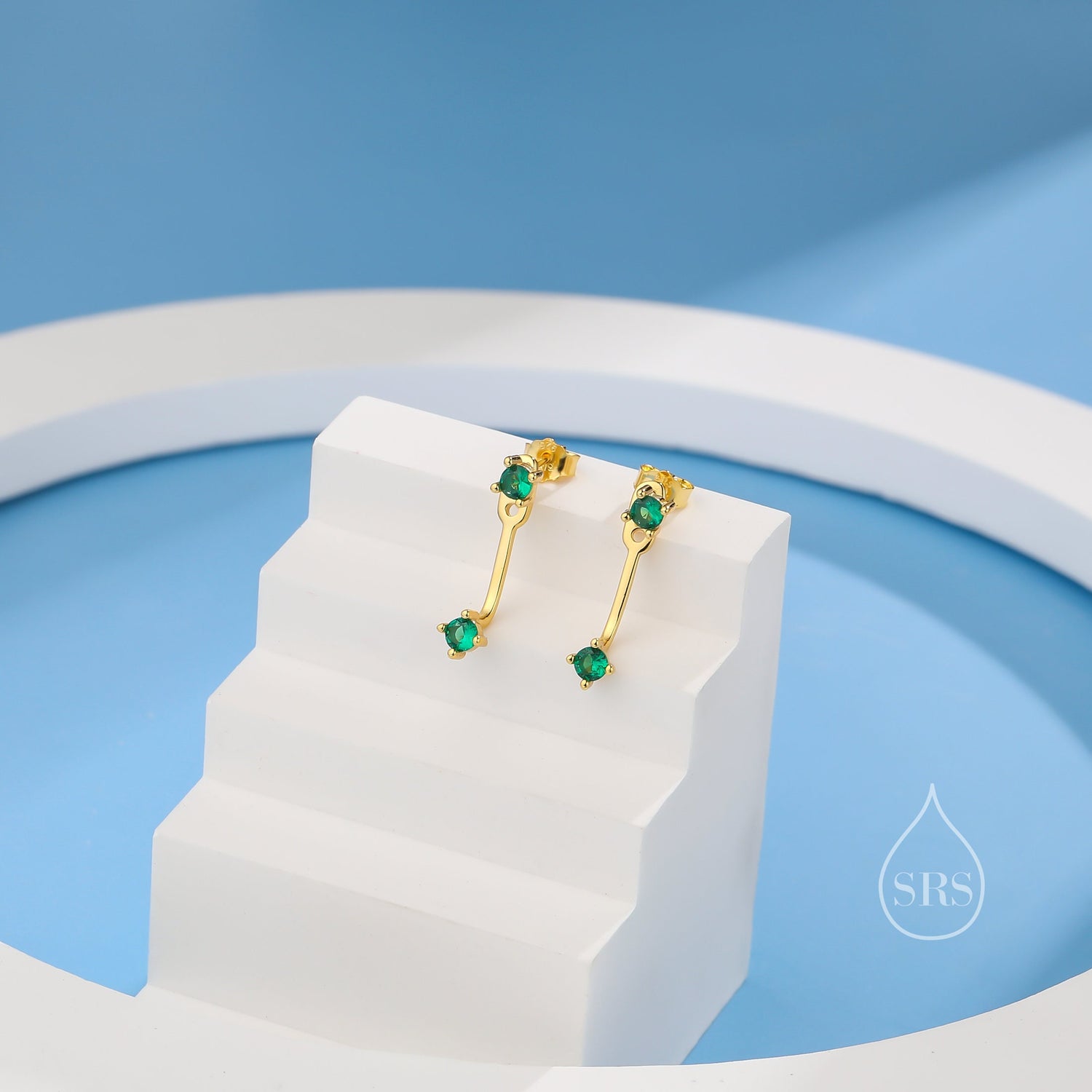 Double Emerald Green CZ Ear Jacket in Sterling Silver, Silver or Gold, Front and Back Earrings, Two Part Earrings