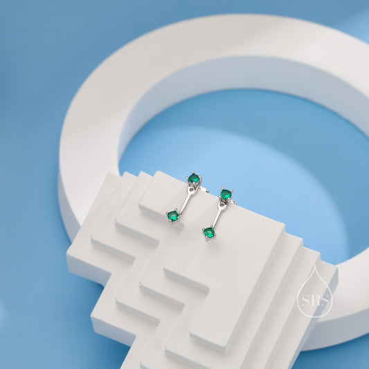 Double Emerald Green CZ Ear Jacket in Sterling Silver, Silver or Gold, Front and Back Earrings, Two Part Earrings