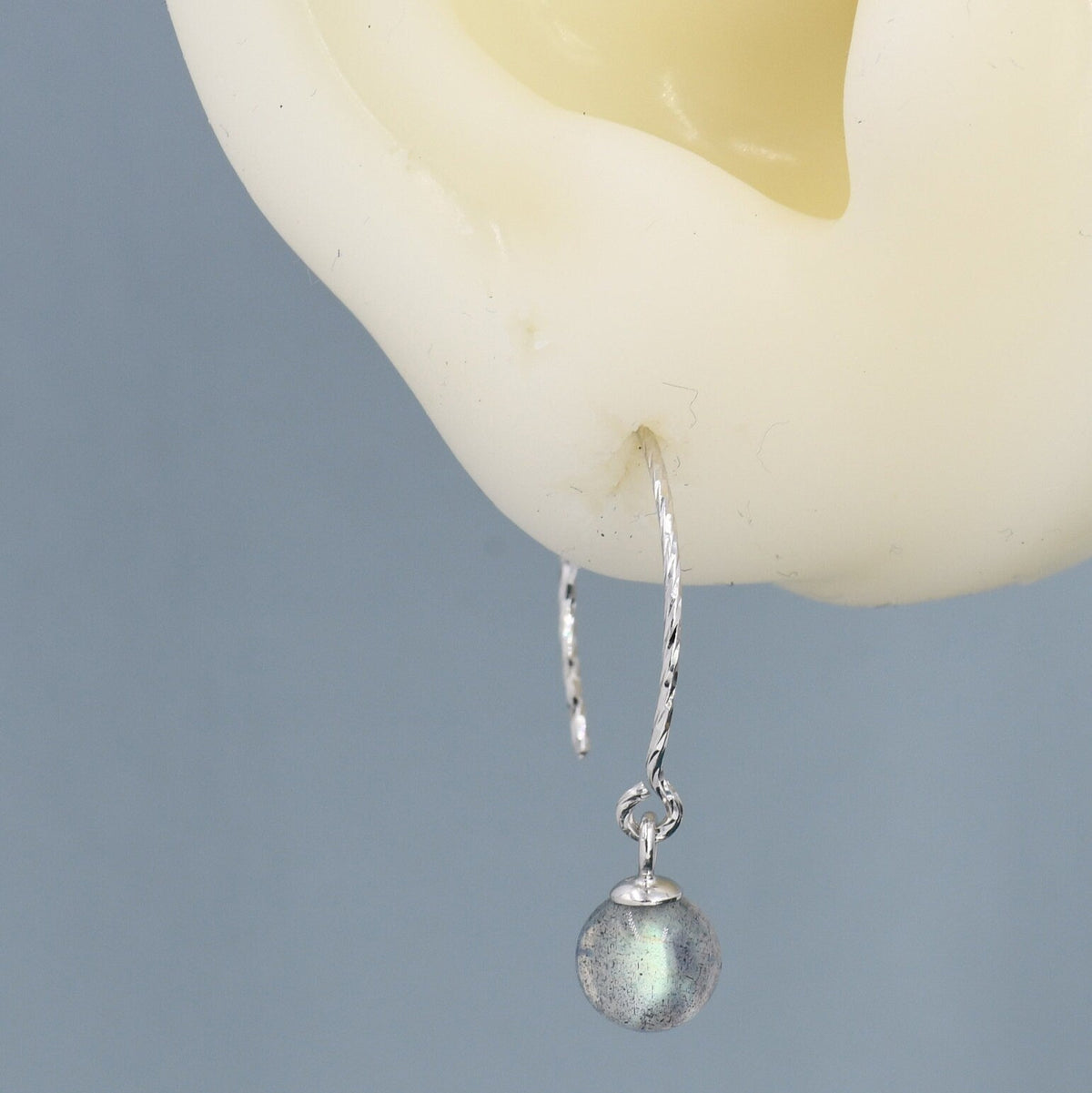 Genuine Labradorite Dangle Earrings in Sterling Silver, 15mm Hook Earrings, Round Hoop Labradorite Beaded Earrings