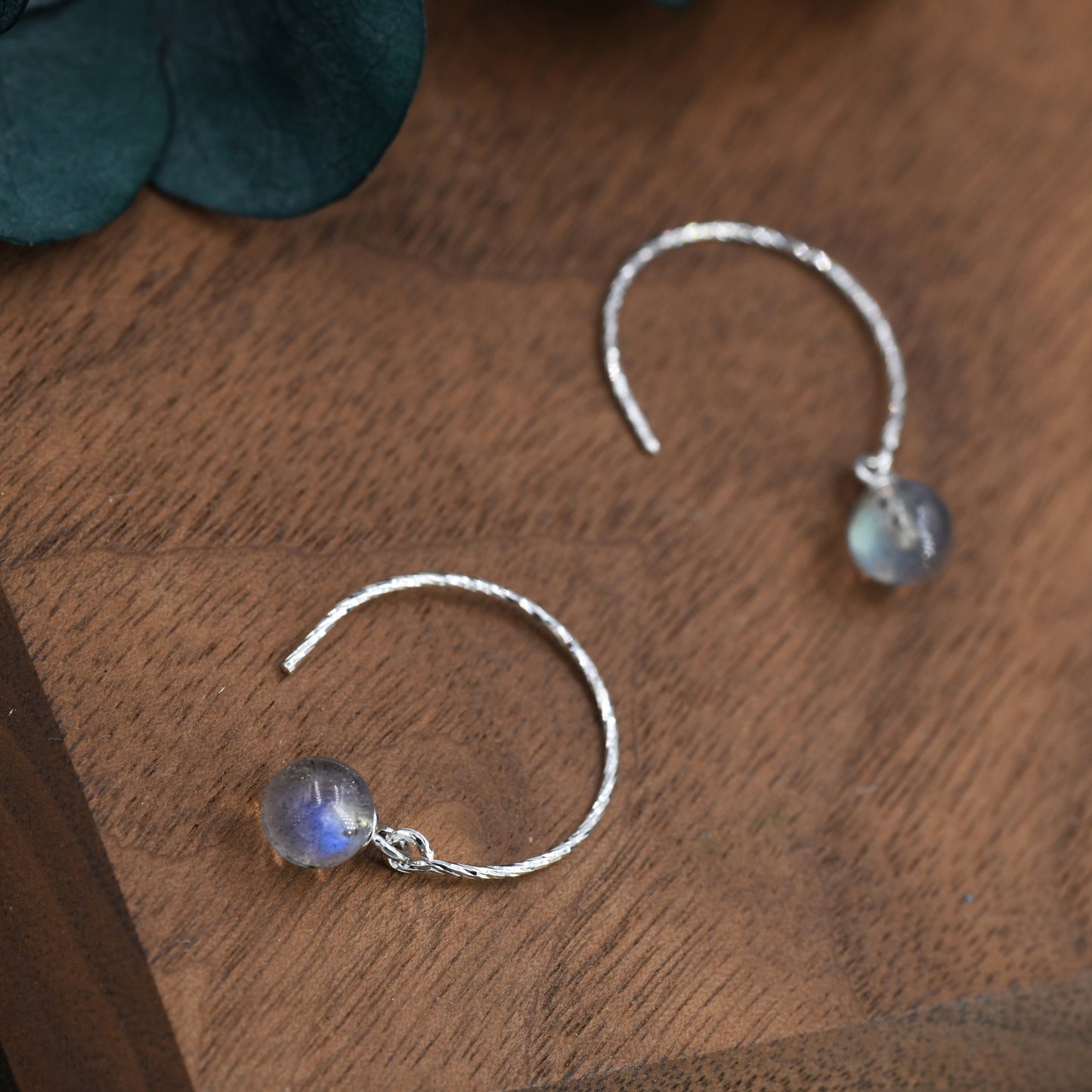 Genuine Labradorite Dangle Earrings in Sterling Silver, 15mm Hook Earrings, Round Hoop Labradorite Beaded Earrings