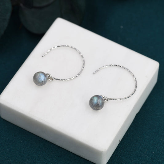 Genuine Labradorite Dangle Earrings in Sterling Silver, 15mm Hook Earrings, Round Hoop Labradorite Beaded Earrings