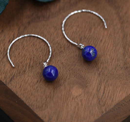 Genuine Lapis Lazuli Bead Dangle Earrings in Sterling Silver, 15mm Hook Earrings, Round Hoop Lapis Beaded Earrings