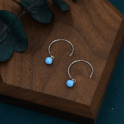 Blue  Opal Bead Dangle Earrings in Sterling Silver, 15mm Hook Earrings, Round Hoop Lab Opal Beaded Earrings