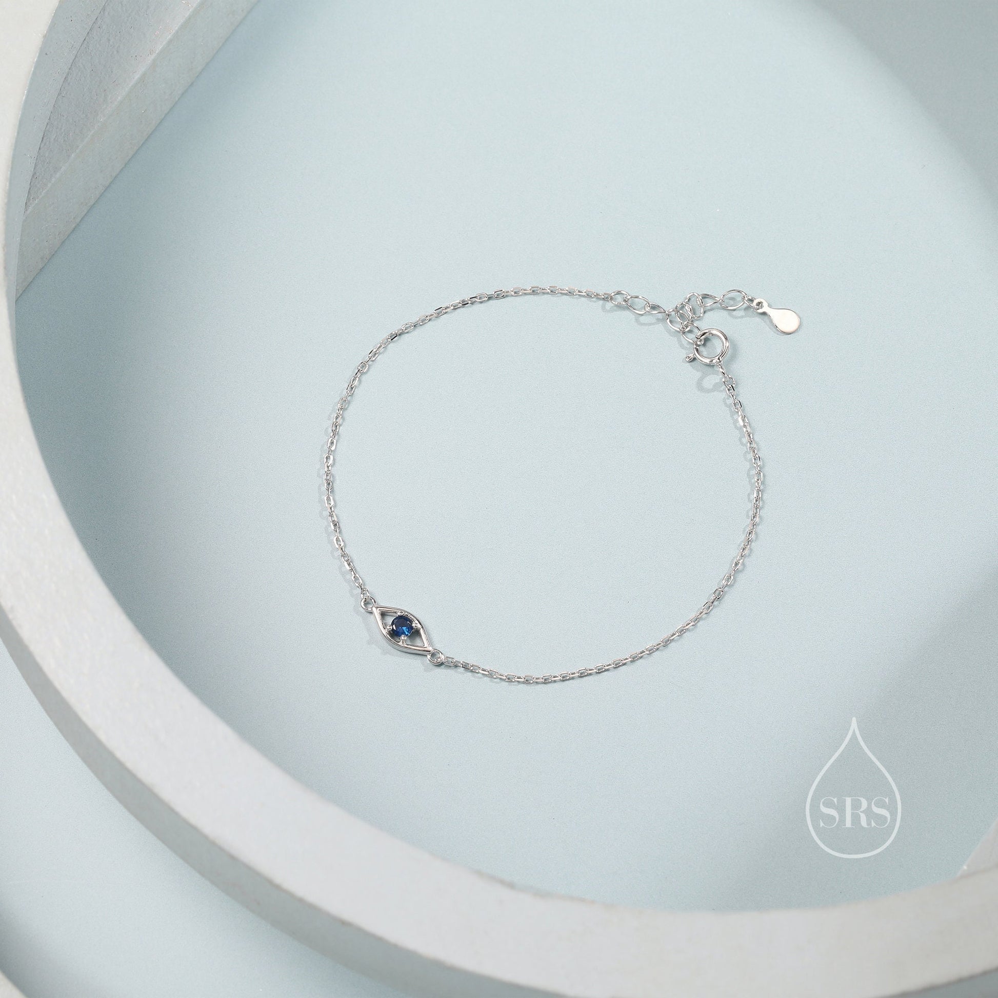Evil Eye Bracelet in Sterling Silver, Silver or Gold, Hamsa Hand Evil Eye Bracelet, Sapphire Blue CZ Eye Bracelet