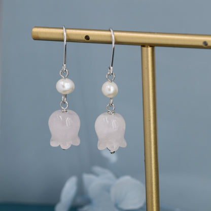 Carved Jade Lily of the valley Earrings in Sterling Silver with Natural Freshwater Pearls, Genuine Jade Flower Dangle Earrings,