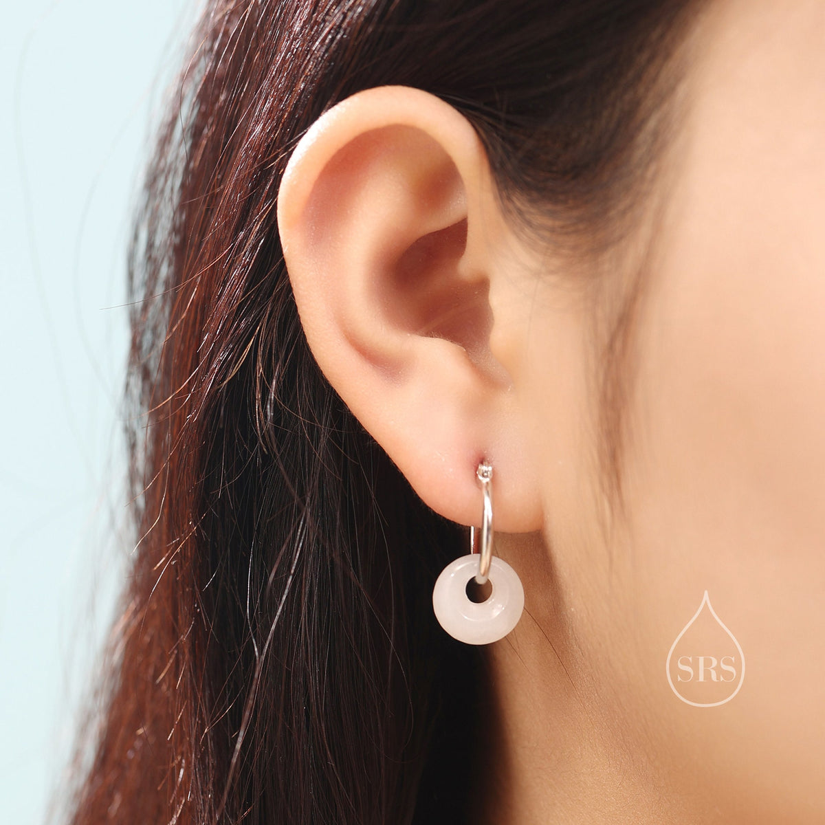 White Jade Detachable Donut Charm Hoop Earrings