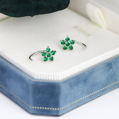 Emerald Green CZ Flower Huggie Hoop Earrings in Sterling Silver, Gold or Silver, CZ Flower Threader Hoop Earrings, Pull Through, C Shape