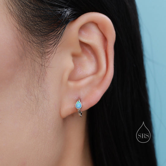 Delicate Opal Droplet Huggie Hoop Earrings in Sterling Silver, Silver or Gold, Blue or White Pear Shape Opal, Tiny Opal Hoop Earrings